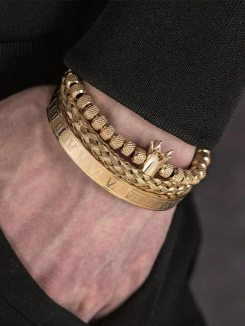 Elegant Men's Braided Bracelet – Crown & Roman Numeral Decor, Fashionable Accessory for Party & Daily Styling, Great Birthday Gift
