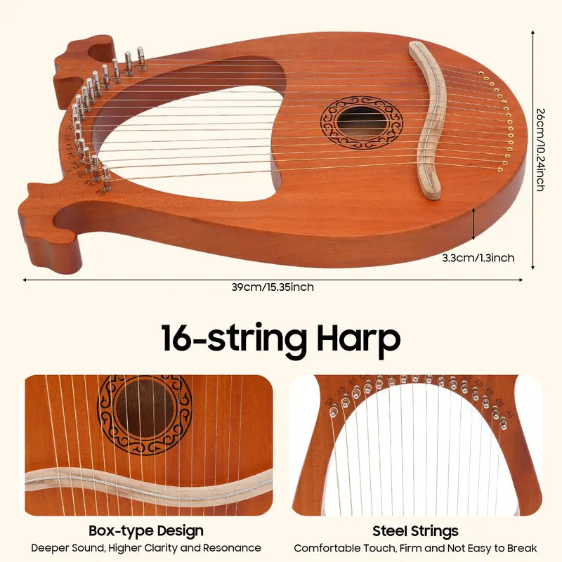 16-String Mahogany Wooden Harp Set 26x3.3x39cm - European Style with Tuner, Cloth and Accessories for Adults and Children