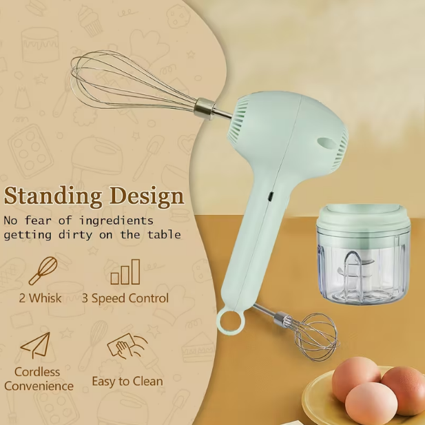 2-in-1 Multifunctional Electric Meat Grinder & Egg Beater Set – Rechargeable Portable Handheld Mixer with Multiple Attachments for Cake, Cream & Baking