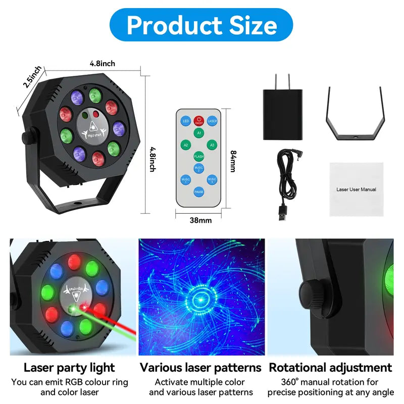 DJ Laser Party Projector - Adjustable RGB Lighting, 9 LED Strobes, Sound Sync and Remote Control for Bar, Stage and Dance Events