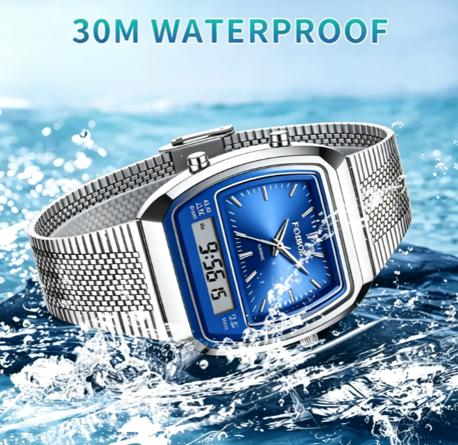 Modern Casual Digital Analog Watch with Stainless Steel Band, Unisex Quartz Timepiece, Luminous Dial, Waterproof – Great Father's Day Gift