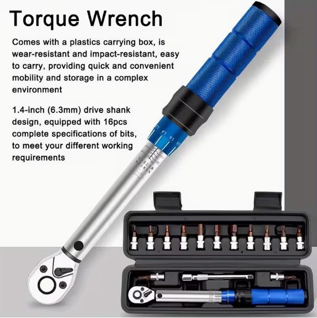 16-Piece Bicycle Torque Wrench Set (2-24Nm) – Heavy-Duty Professional Tool Kit, Precision Ratchet, Non-Slip Handle, Impact-Resistant Case, for Road/Mountain Bikes & Motorcycles