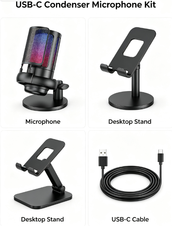 USB Condenser Microphone – RGB Lights, Plug & Play for Gaming, Streaming, Podcasting & Karaoke