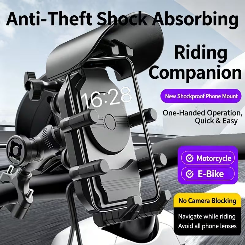 2026 New Fast Charging Motorcycle Phone Mount – Shock Absorption, Anti-Theft Stable Bracket, Wireless Charging – Universal for Motorcycles, E-bikes, Tricycles & Bicycles, Ideal for Riding Navigation