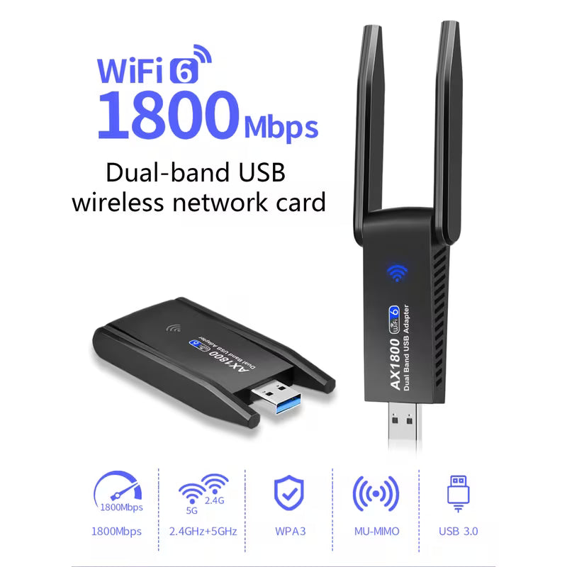 WiFi6 USB Adapter – 1800Mbps Dual-Band, 5.8G/2.4G, Plug-and-Play for Desktop & Laptop (Windows 10/11)