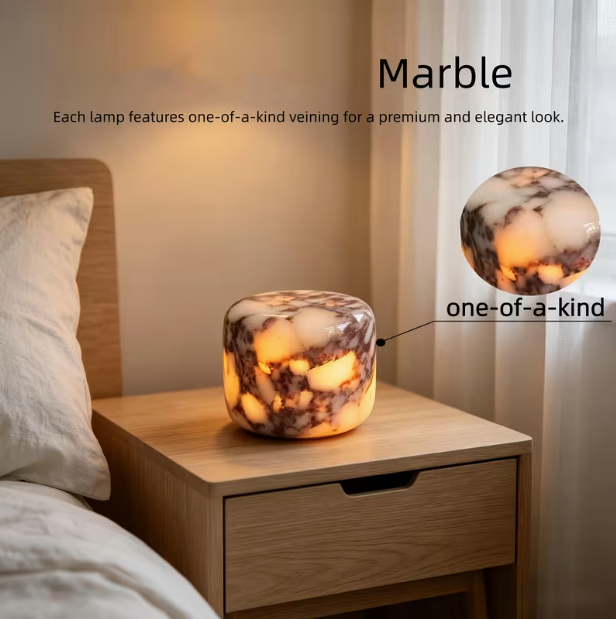 Unique Stone Table Lamp – Type-C Rechargeable, 3-Way Dimmable Bedside Lamp with Warm LED Ambient Lighting for Bedroom Nightstands, Portable Night Light