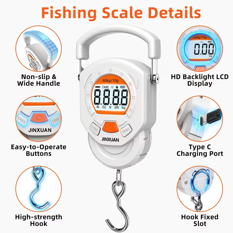60Kg Digital Hanging Scale – Type-C Rechargeable, Foldable Steel Hook, Backlit LCD for Luggage & Fishing