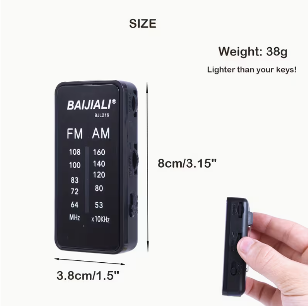 Compact Portable Global AM/FM Radio – 2 x AAA Batteries, 3.5mm Headphone Jack, Built-in Back Clip (Black)