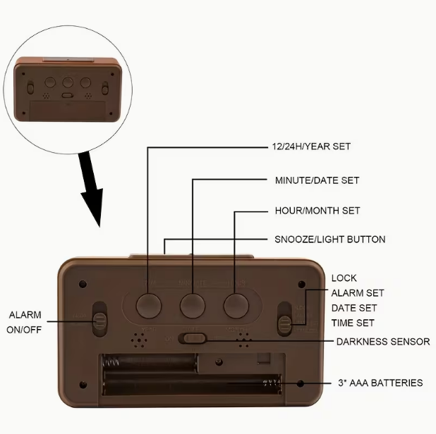 Wooden Large LED Digital Alarm Clock – Smart Sensor Night Light, Snooze, Date & Temperature Display, 12/24-Hour Switchable