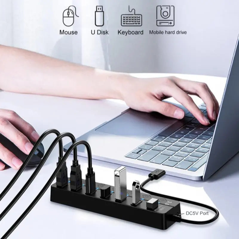 7-Port USB Hub - Multifunctional USB Splitter with Independent Switches, Universal USB Extender Adapter for Laptops and Multiple Devices