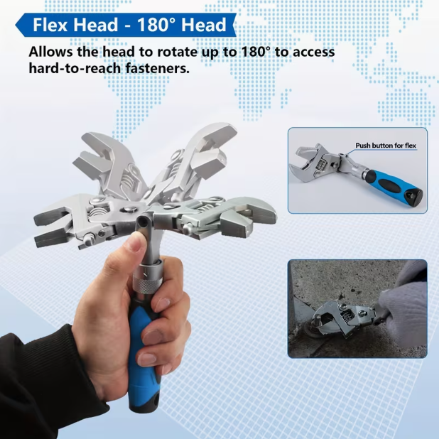 5-in-1 Ratcheting Adjustable Crescent Wrench – 180° Folding, Rotating Head, 10–12 Inch Range