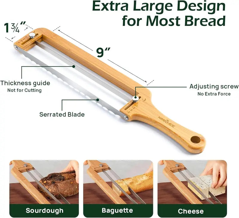 Adjustable Bread Cutter with Scale – Smooth Serrated Steel Blade, Bamboo Handle, Multi-Functional Kitchen Cutting Utensil & Gadget