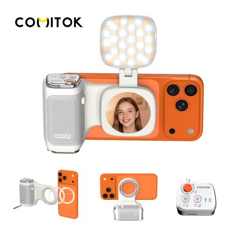 COMITOK MOCA Handheld Phone Grip – Mirror + LED Fill Light, One-Tap Camera, Rechargeable Remote for Creators