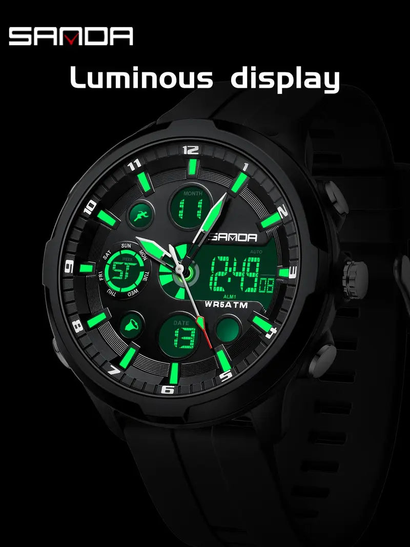 Men's Fashion Quartz Analog-Digital Watch – Casual Round Dial with Luminous Alarm, Water-Resistant Multifunctional Wristwatch with Box