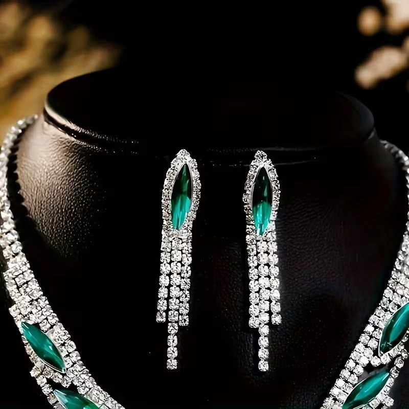 3Pcs Crystal Rhinestone & Green Gem Tassel Jewelry Set – Elegant Christmas Gift for Weddings & Parties