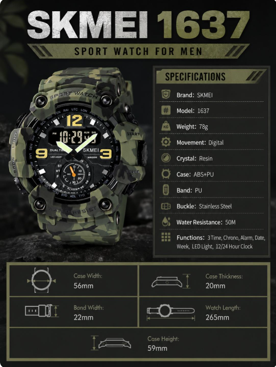 Men's Large Digital Sport Watch – Multifunction, 50m Waterproof, EL Backlight, Dual Time Zone, Resin Case & Silicone Strap, for Daily Wear & Outdoor Activities