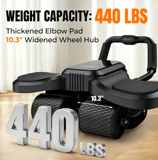 4-Wheel Ab Roller with Automatic Rebound - Adjustable Foam Elbow Support and Phone Holder for Home Gym Core Training