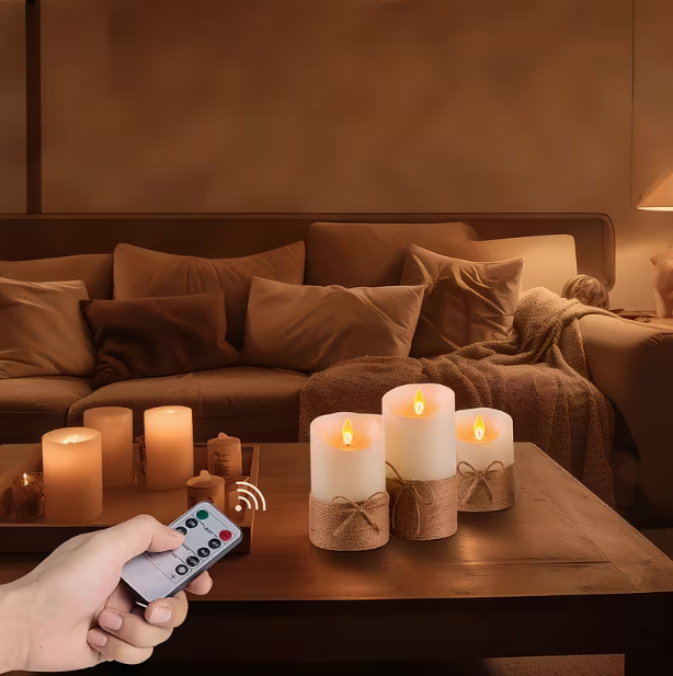 3-Pack Flameless LED Candles with Remote Control – Flickering Warm Light, Hand-Tied Jute Rope, Battery-Powered, for Romantic Atmosphere & Home Decoration