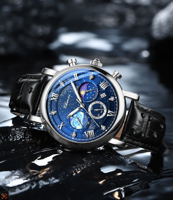 Sun Moon Star Multifunctional Men's Quartz Watch – Calendar, Chronograph, PU Leather Strap, Casual Style
