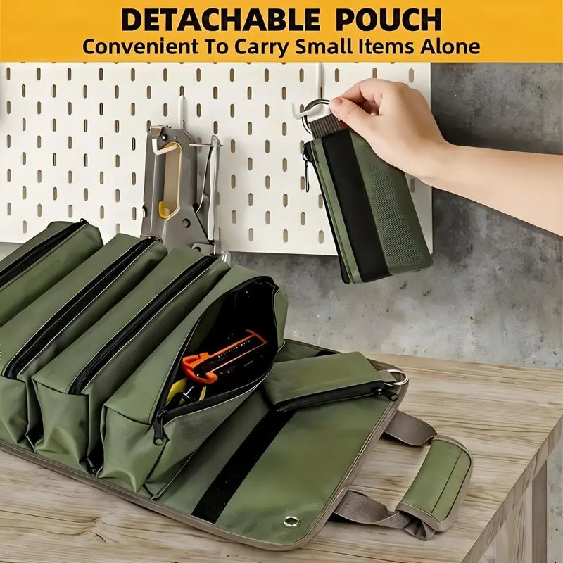 Portable Tool Roll Bag for Electricians & Mechanics – 4 Compartments, 2 Detachable Tool Bags – Heavy Duty Carpenter Tool Belt – Green Practical Organization