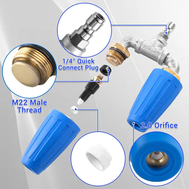 Dual Turbo High Pressure Nozzle – 4000 PSI, 2.0 Orifice, Stainless Quick Connect, 4-6 GPM, Blue Plastic & Brass Construction, Up to 140°F (60°C), Pressure Washer Wand for Decks & Driveways