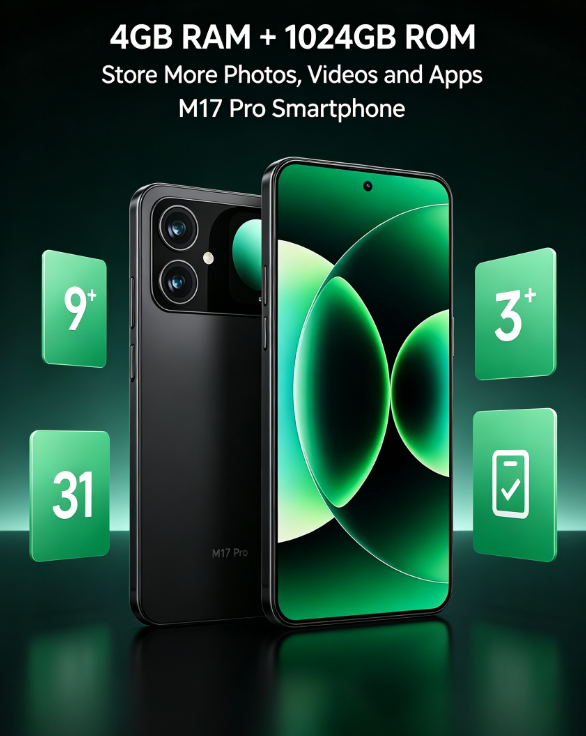 M17 Pro Smartphone – 6.56" HD+, 4GB+1024GB, Android 13, 13MP Dual Camera, 4000mAh, Dual Type-C Unlocked