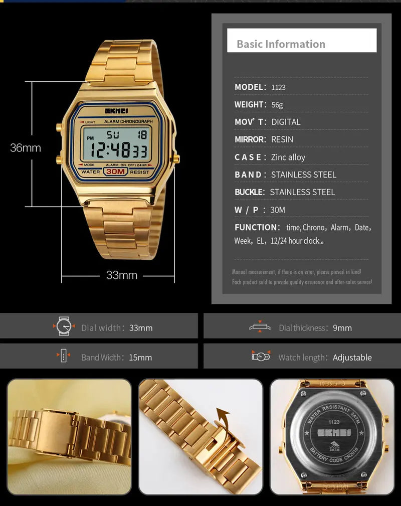 Men's Digital Outdoor Sport Watch – Gold Stainless Steel, Backlit Display, Multifunction, Stopwatch, Waterproof