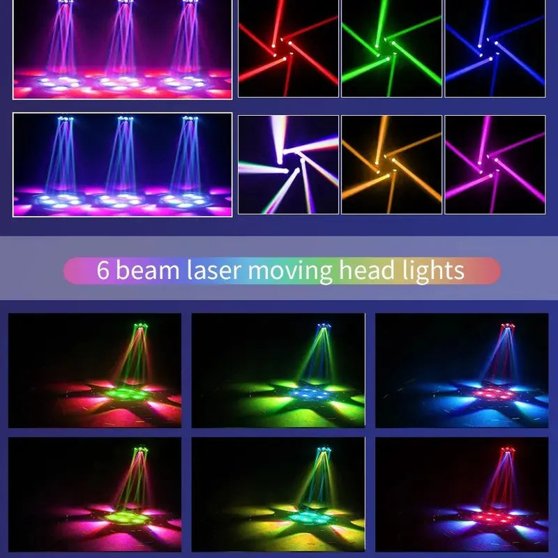 150W 6-Arm Moving Head DJ Lights - RGBW 6-in-1 LED Stage Fixtures with Strobe Beam, Remote Control and DMX512 for Weddings and Disco Events