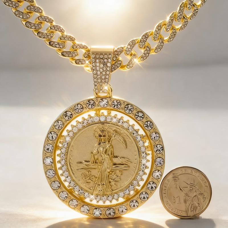 2-Piece Saint Motif Rotating Pendant Necklace Set - Religious Bohemian Jewelry for Men and Women