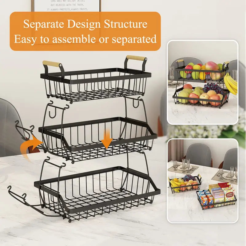 3-Tier Metal Fruit & Vegetable Storage Basket with Hooks – Space-Saving Kitchen Organizer for Countertop, Pantry & Bathroom, Heavy Duty & Rust-Proof Design