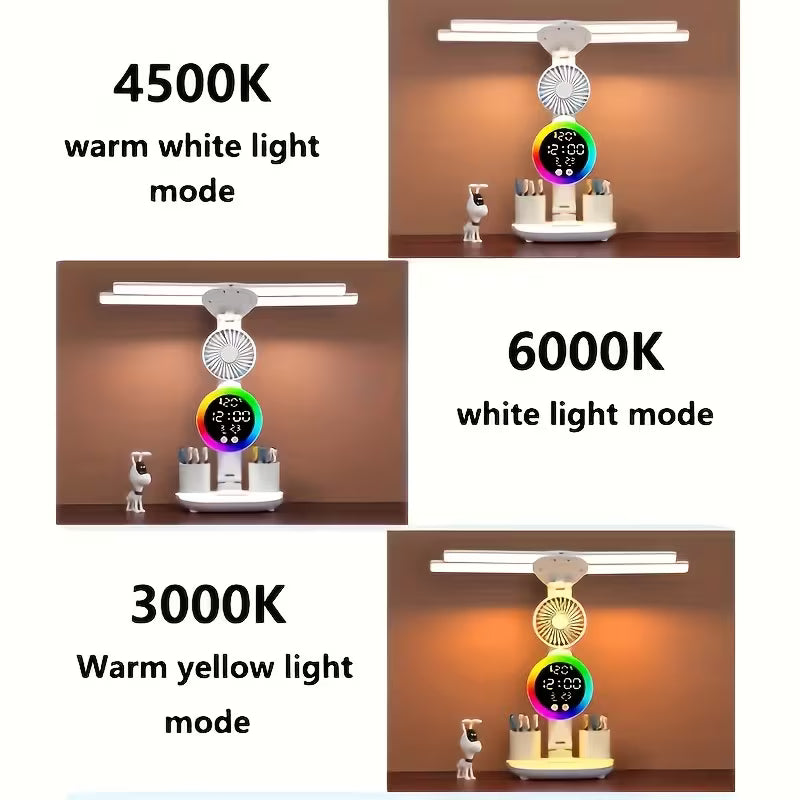 Smart Touch Dual Head Desk Lamp with USB - RGB Color Changing, Dimmable Brightness, Built-in Fan and Night Light