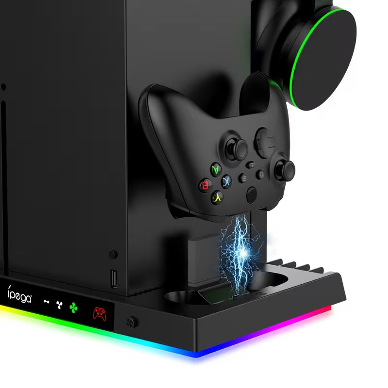Xbox Series X Cooling Stand – Controller Charging Dock, Headphone Hook, RGB Lighting & Dual Fans