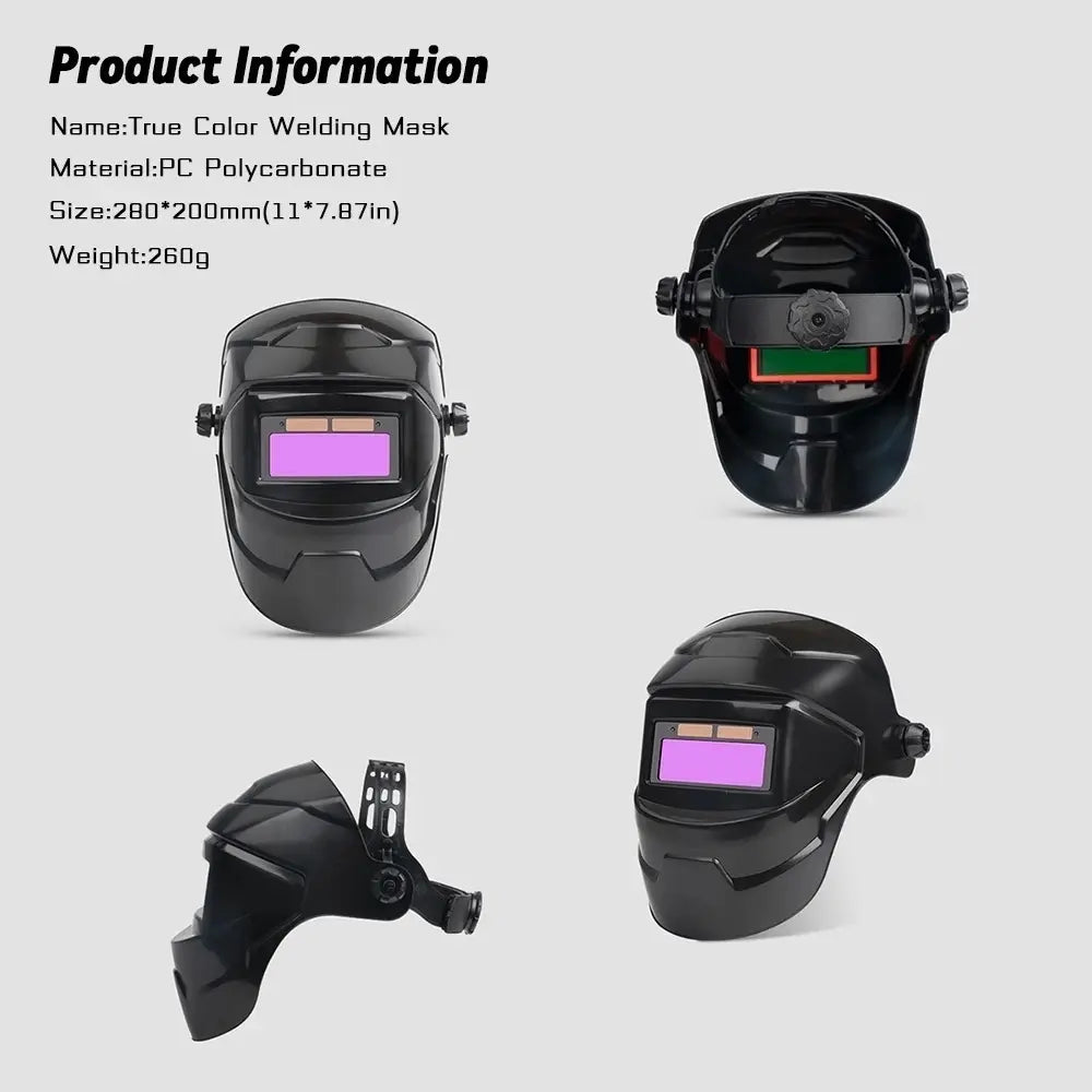 Professional Auto Darkening Welding Mask - Solar Powered, Spark Resistant Helmet with Goggles and Headlamp