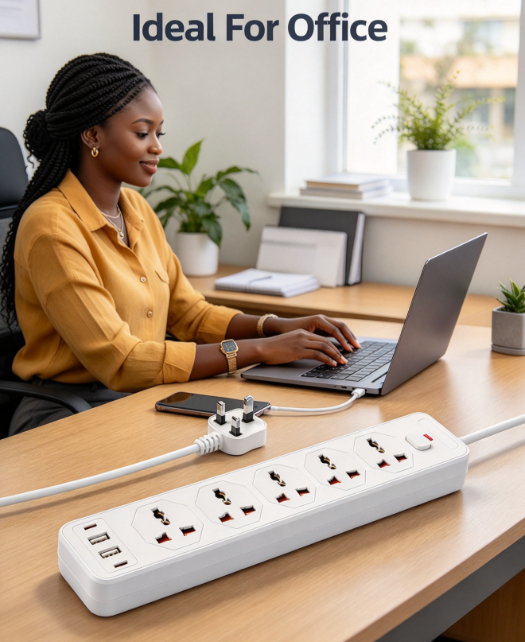 New Universal Power Strip with USB - 5 Sockets + 2 USB-A + 2 Type-C with Master Switch