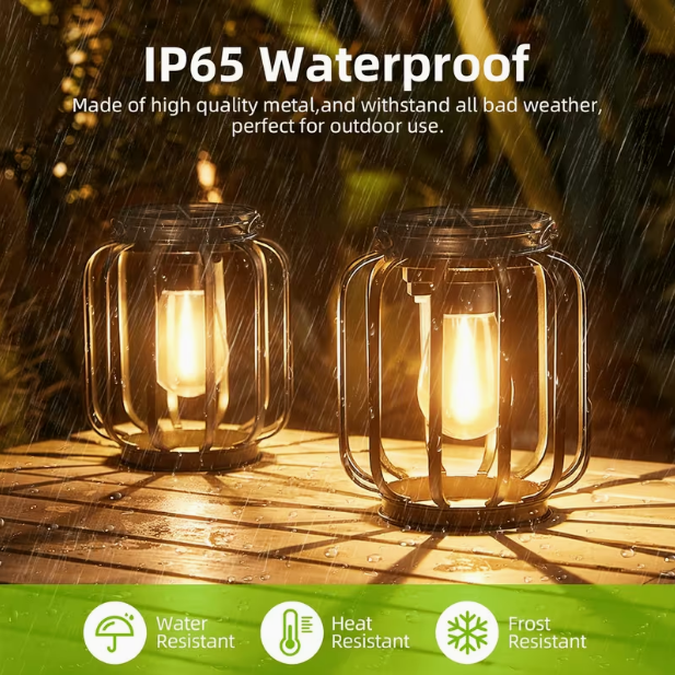 2-Pack Solar-Powered Outdoor Hanging Lanterns – IP65 Waterproof, Automatic On/Off Switch, Black Retro Metal Design with Built-in Solar Panel, for Porch, Garden & All-Season Use