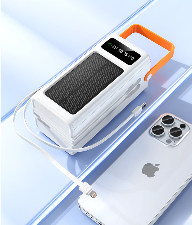 80000mAh Solar Power Bank with Flashlight – Fast Charging, USB-C, Built-in Cables, Digital Display – for iPhone, Android & Camping Gear