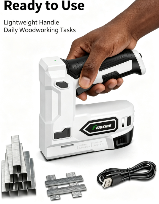 White USB-Powered Nail Gun – 2-in-1 with 2000pcs Staples & Nails for DIY & Carpentry