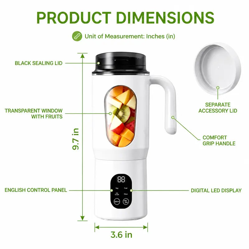 580ML Portable Juicer with LED Display - USB Rechargeable, 22000 RPM, Self-Cleaning for Smoothies and Ice Crushing