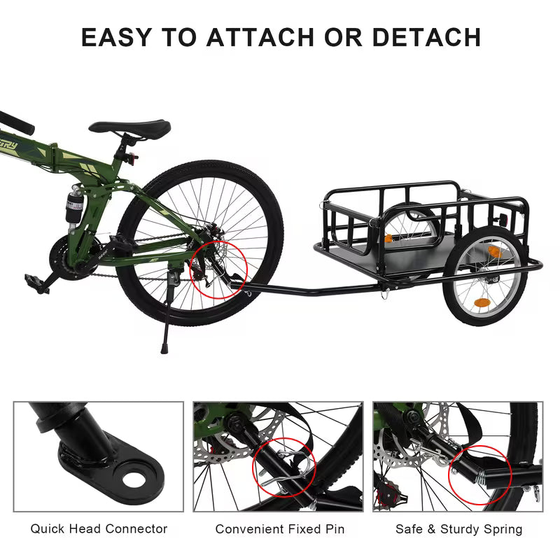 Foldable Bike Cargo Trailer with Universal Hitch - 16" Wheels and Reflectors, Large Loading Bicycle Wagon Storage Cart