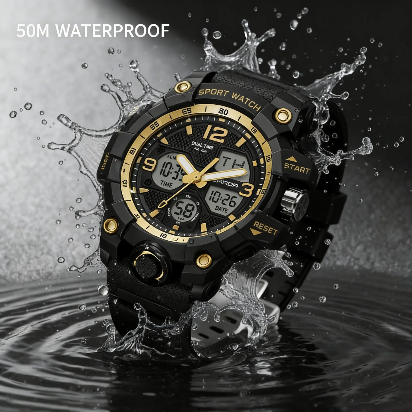 Men's Tactical Sport Watch - Large Dual Display, 50M Water Resistant, Luminous Alarm, Adjustable Rubber Strap for Outdoor Fitness