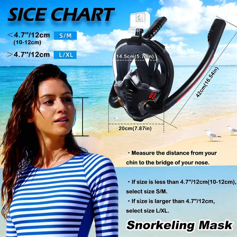 Full Face Snorkeling Mask – 180° Panoramic Dual Tube with Camera Mount for Adults (Camera Not Included)