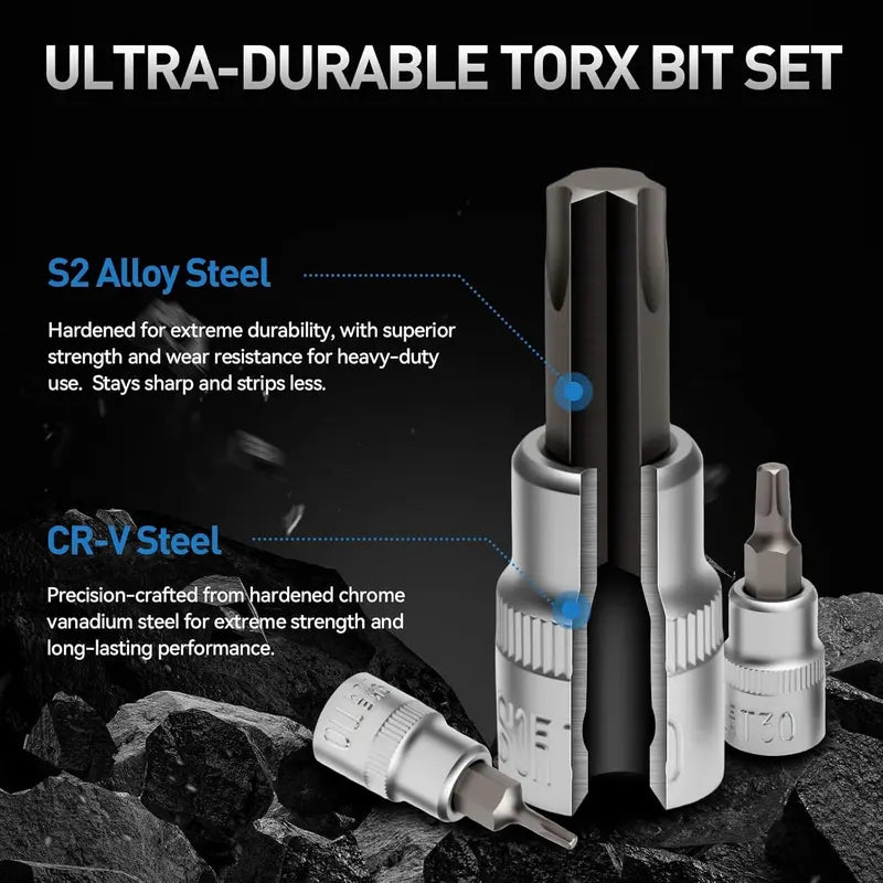 34-Piece 3/8-Inch Drive Torx Bit Socket Set - CR-V E Socket E4-E20, S2 Torx T10-T60, Tamper Proof TT10-TT55 with Adapter