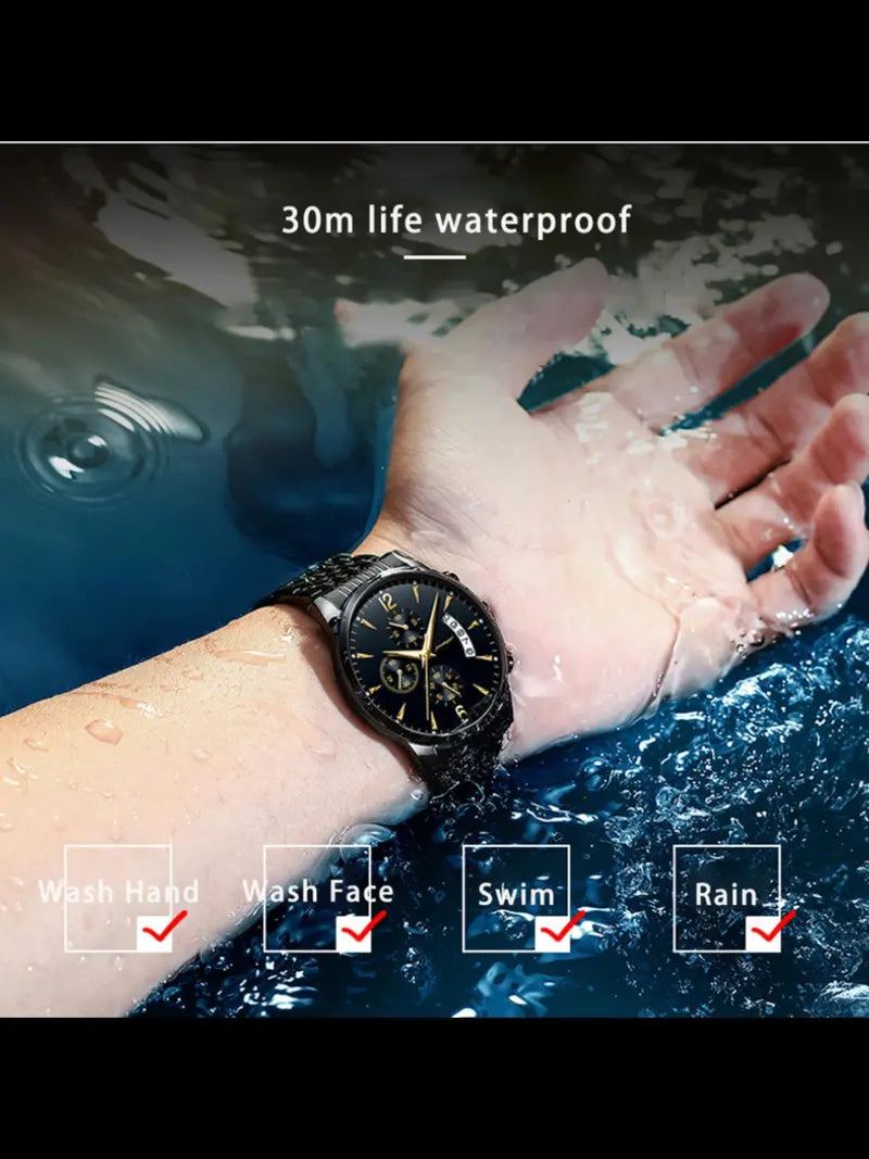 Men's Business Fashion Watch - Black Stainless Steel Strap, 30M Water Resistant, Calendar Quartz with Luminous Dial