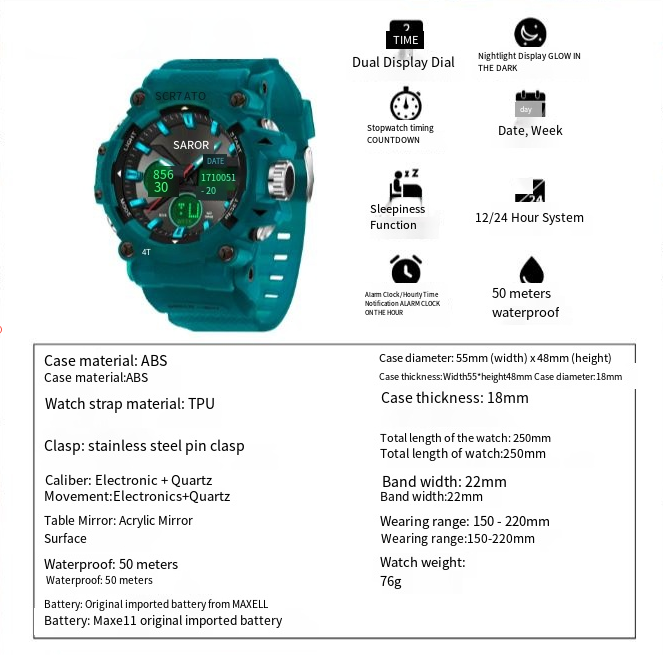 Men's Sporty Waterproof Digital Watch – Round Dial, Mechanical Style, Casual Design, Analog-Digital Display, All-Season Wear, Water Resistant