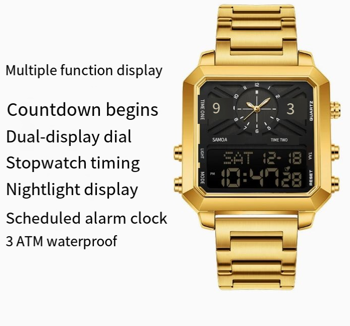 Multifunctional Men's Square Dual-Screen Watch – 3 Time Zones, Stopwatch, Alarm, Countdown, 30M Waterproof, Night Light, Suitable for Sports, Business & Daily Wear