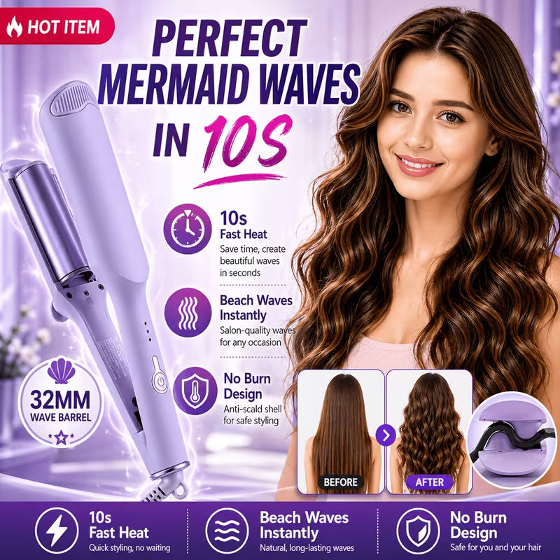 UK Plug 32mm Wave Curling Iron – Adjustable Temp, Deep U-Shaped Curls (Purple)