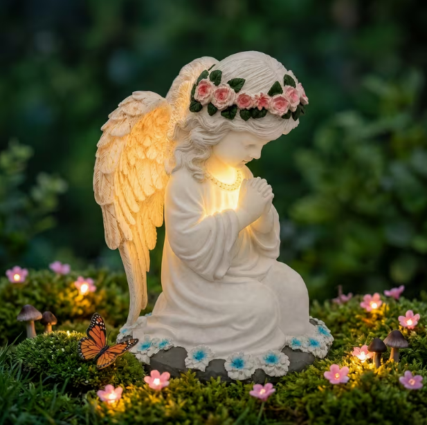 Solar Angel Garden Statue with LED Lights – Resin Flower Sculpture, Outdoor Lawn, Yard, Patio, Porch & Balcony Decor