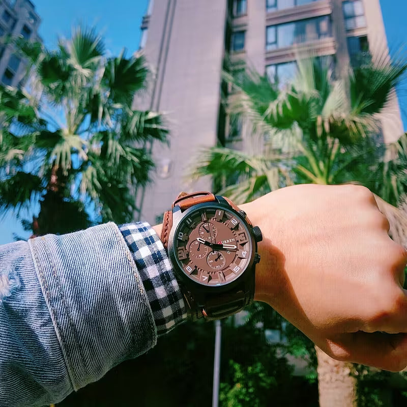 CURREN Men's Leather Strap Sports Watch - Date Display, Large Dial, Outdoor Casual Wristwatch