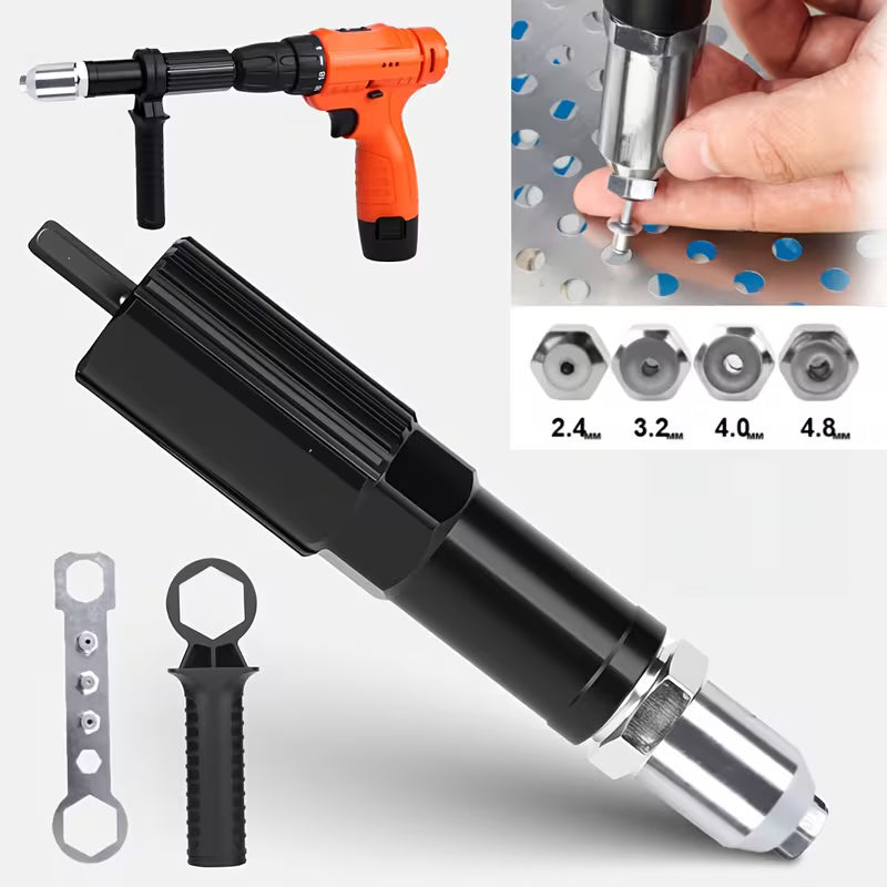 Rivet Gun Kit – Nylon or Aluminum Alloy Casing, 4 Tip Sizes, Fits Electric Drills (Accessories Only, No Rivet Gun Included)