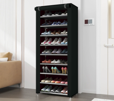 Black 10 Tier Shoe Rack with Dustproof Cover, Adjustable Standing Shelf, High Capacity Shoe Storage Organizer